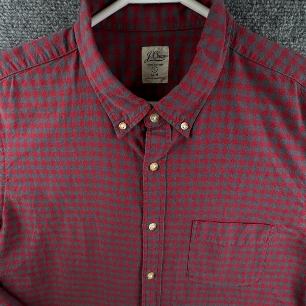 J Crew Flannel Shirt Men Large Slim Fit Check Red Blue Long Sleeve Button Up